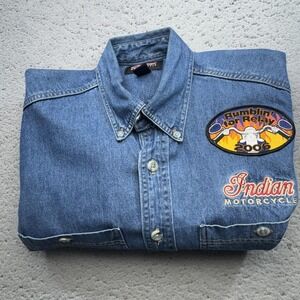 Indian Motorcycle Shirt‎ Mens Medium Denim Button Down Embroidered Long Sleeve